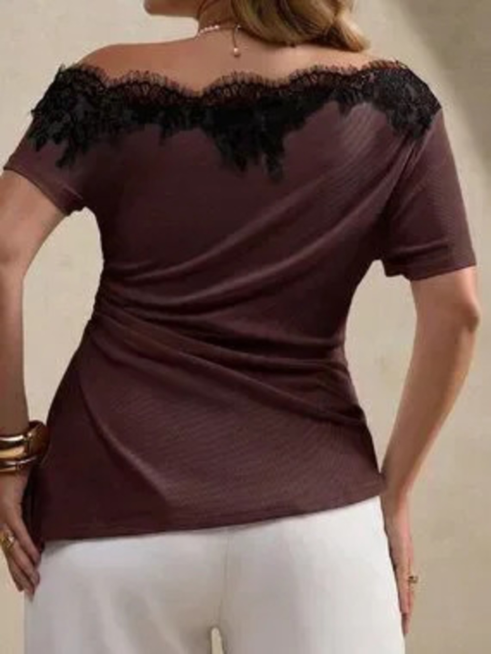 Brown Casual Women's Slim Fit Asymmetric Cold Shoulder Contrast Lace Tee